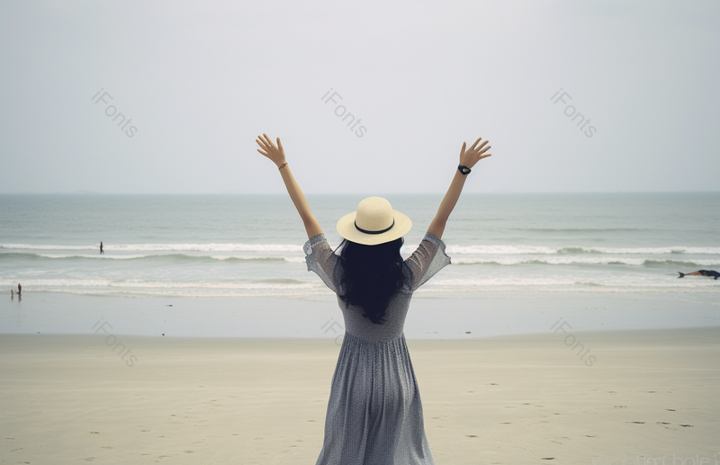唯美清新蓝天白云天空海边女孩游玩开心背影,高清,摄影图,摄影图片,图片大全,摄影图免费下载